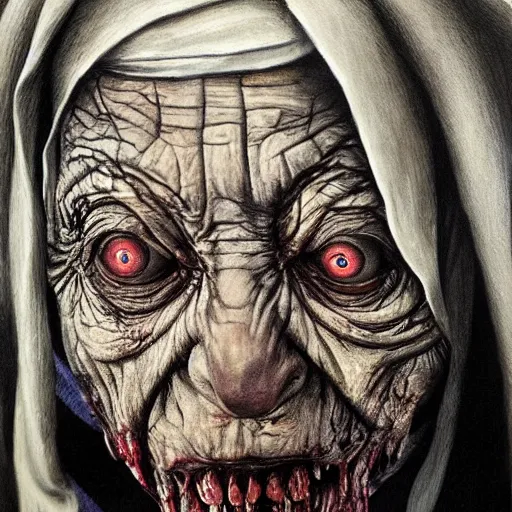 Prompt: a hyperrealistic painting of mother theresa as a zombie, by santiago caruso, highly detailed, sharp focus,