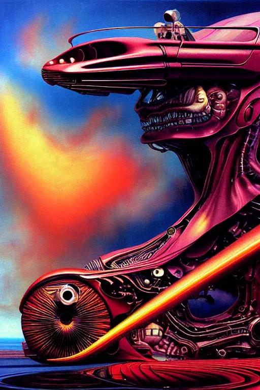 Image similar to a hyperrealistic painting of a sharp futuristic hotrod vehicle with chrome pipes and engine scoops shooting out fire, cinematic horror by chris cunningham, lisa frank, richard corben, highly detailed, vivid color, beksinski painting, part by adrian ghenie and gerhard richter. art by takato yamamoto. masterpiece