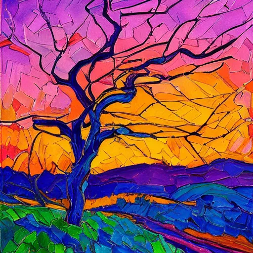 Image similar to a painting of a tree in the sunset, a gouache by Erin Hanson, deviantart, neo-fauvism, fauvism, impressionism, vivid colors