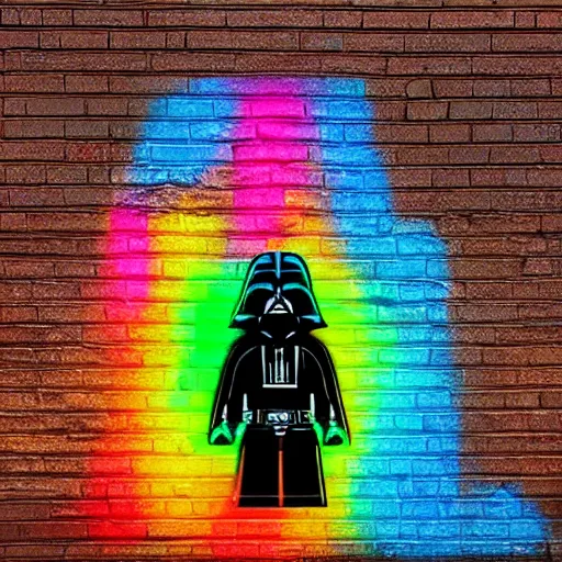 Prompt: a neon rainbow darth vader as grafitti on a brick wall.