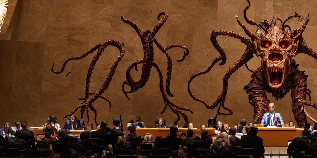 Prompt: Demogorgon (from Stranger Things) giving a speech in the UN General Assembly.