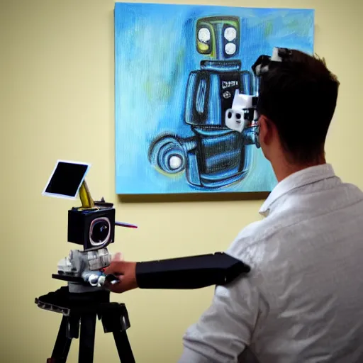 Prompt: a photograph of robot painting a picture, it looks at the camera, paint everywhere on the walls