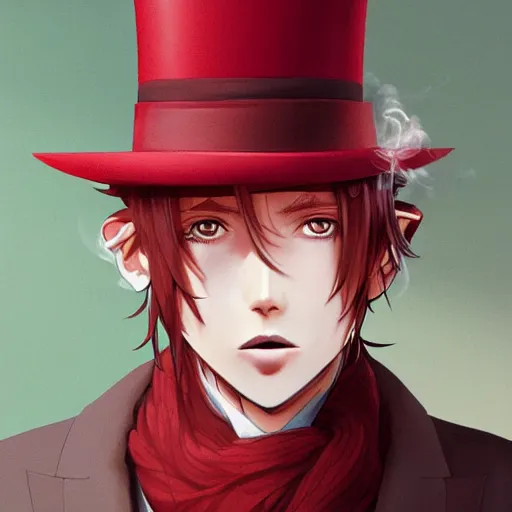 Prompt: semi realistic anime illustration of top hat wearing red haired man smoking a cigarette, with beautiful hyperdetailed eyes, facing camera directly, full face portrait made by Stanley Artgerm, WLOP, Rossdraws, James Jean Andrei Riabovitchev, Marc Simonetti, Yoshitaka Amano, Artstation