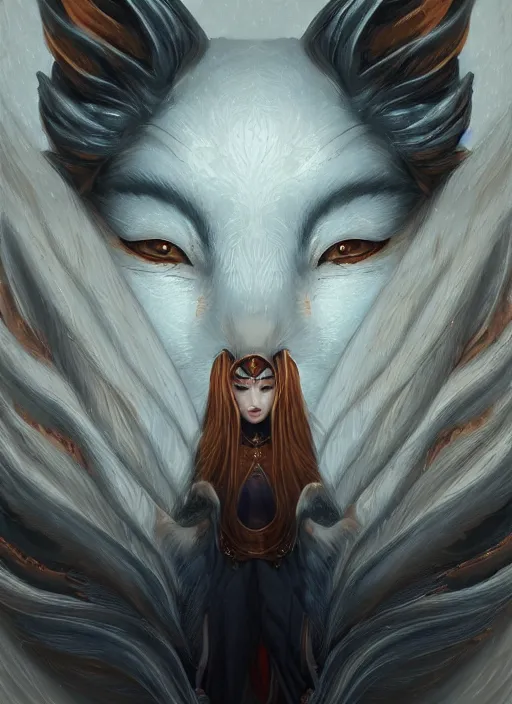 Prompt: a beautiful detailed oil on copper art illustration of a kitsune mask woman, centered, by charlie bowater, zeng fanzh, trending on artstation, dim dusk lighting, cinematic lighting, detailed lighting, volumetric lighting, realistic, f 8, 4 k hd wallpaper