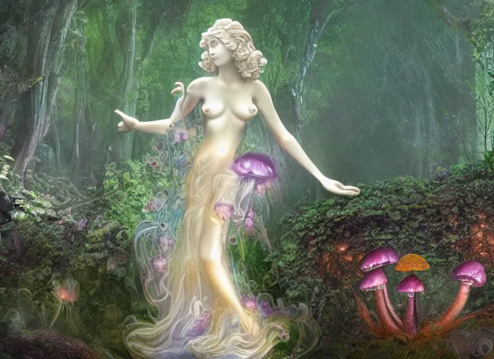 Image similar to glowing delicate flower and mushrooms that grow in a dark fatansy forest on the planet Pandora, an idealistic marble statue with fractal flowery hair in a fractal garden,