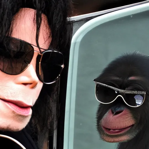 Image similar to michael jackson 2 0 0 9 wearing shades, this is it style, photo real, pores, motion blur, sitting with bubbles the chimp window open, real life, spotted, ultra realistic face, accurate, 4 k, movie still, uhd, sharp, detailed, cinematic, render, modern