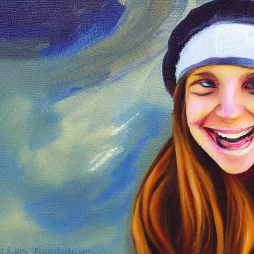 Image similar to painting of a emo girl with a eerily large smile, showing teeth, beanie, impressionist style