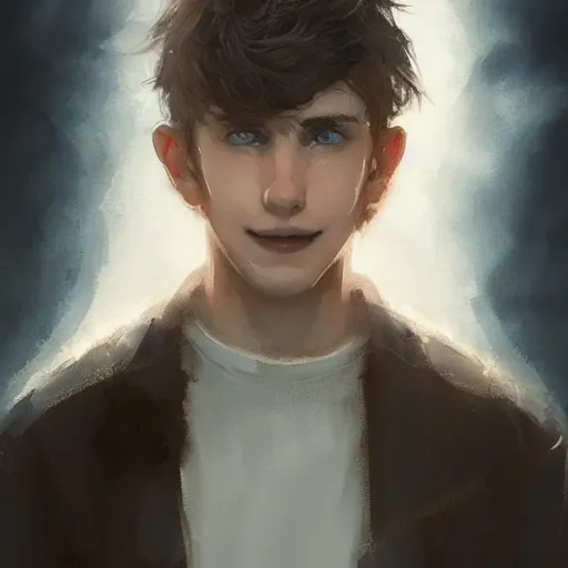 Image similar to portrait of a very masculine teenage girl with blue eyes and brown hair, short men's haircut, smiling, wearing an oversized sweater, dramatic lighting, illustration by Greg rutkowski, yoji shinkawa, 4k, digital art, concept art, trending on artstation