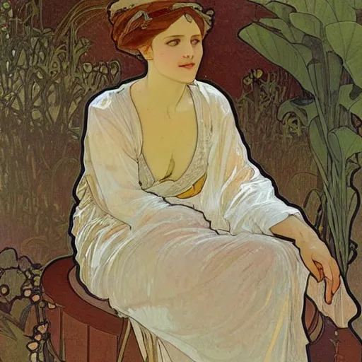 Image similar to A delicate painting of a pregnant woman sitting at a pond, by Alphonse Mucha, art nouveau, detailed, elegant