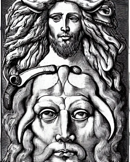 Image similar to four faces in one creature, eagle beak, lion mane, two large horns on the head, jesus face, drawn by da vinci