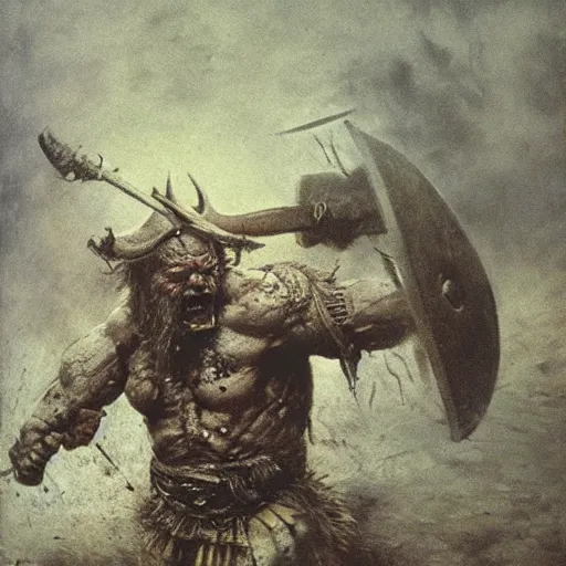 Image similar to viking marauder fighting against an orc, posed, gritty, beksinski