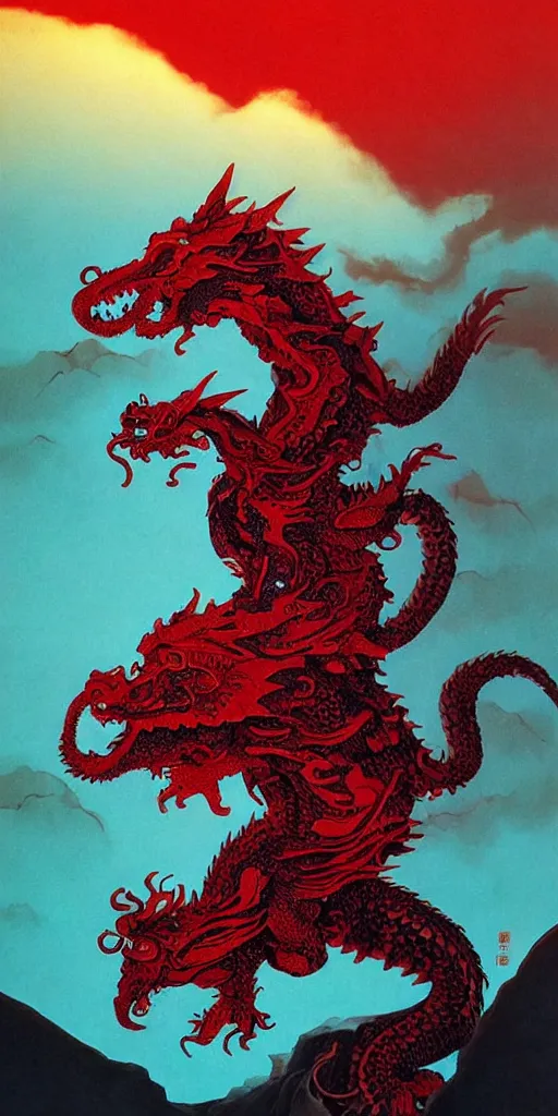 Image similar to a dragon of chinese zodiac composed of traditional chinese patternsby yangqi, by james jean, eyvind earle, zdzislaw beksinski, red and cool colors, dark sunset sky clocor scheme