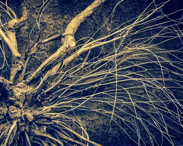 Image similar to angry complex strings and cables electricity fight, action scene, sad face tree roots strangled, ancient oak, rock debris pieces, dust particles, dramatic lighting, electronic wires, fire sparks, high resolution photo,