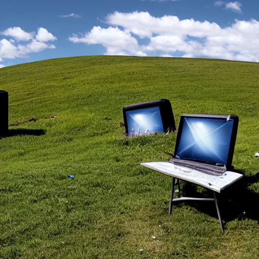 Image similar to windows xp screensaver with many broken dilapidated old computers graveyard