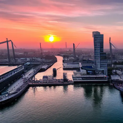 Image similar to award winning photograph of sunrise over rotterdam