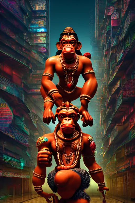 Image similar to high quality 3 d render post - rococo cyberpunk hanuman! head building, neon madhubani, open mouth, highly detailed, in sci - fi shri ram centre, cinematic smooth unreal engine, lee madgwick & liam wong, dramatic light, low angle, uhd 8 k, sharp focus