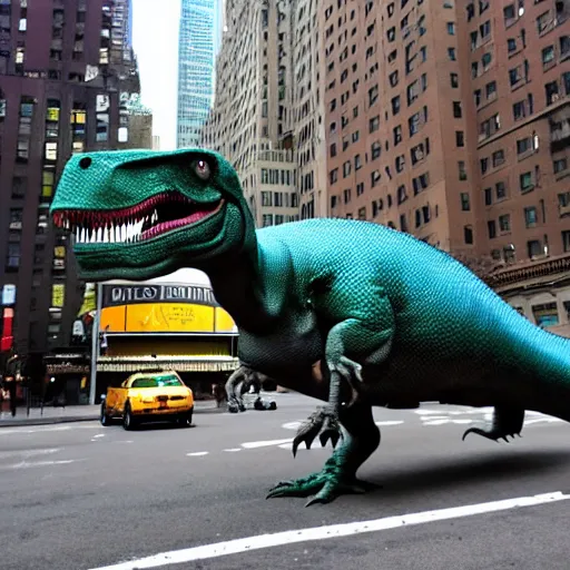 Image similar to a dinosaur in new york city