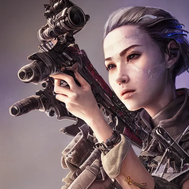 Image similar to the portrait of lawful neutral female cyberpunk infantry sniper as absurdly beautiful, gorgeous, elegant, young woman looking up, an ultrafine hyperdetailed illustration by kim jung gi, irakli nadar, intricate linework, bright colors, octopath traveler, final fantasy, unreal engine 5 highly rendered, global illumination, radiant light, detailed and intricate environment