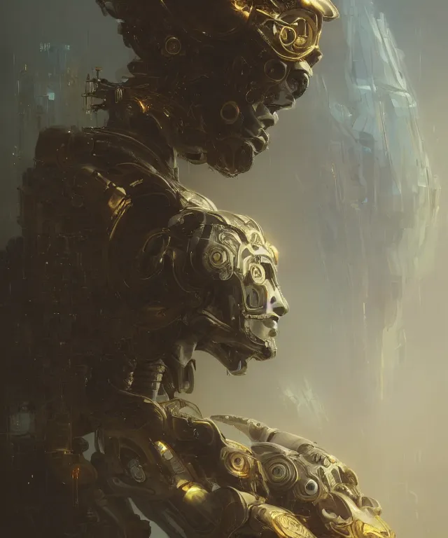 Image similar to a 4k cinematic full view ethereal android wearing intricate mecha gilded cyberpunk bone crown ivory , Unreal Engine 5, God Rays, Lumen, by Peter Mohrbacher, by Ruan Jia, by Greg Rutkowski, by Leonardo Da Vinci, detailed and realistic, poetic and symbolic, rule of thirds, golden ratio, Trending on Artstation