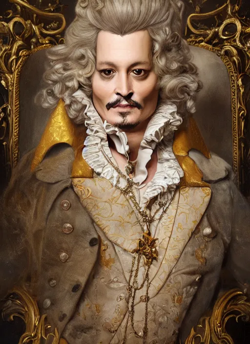 Prompt: johnny depp as king louis xv, hyper detailed, digital art, trending in artstation, cinematic lighting, studio quality, smooth render, unreal engine 5 rendered, octane rendered, art style by klimt and nixeu and ian sprigger and wlop and krenz cushart