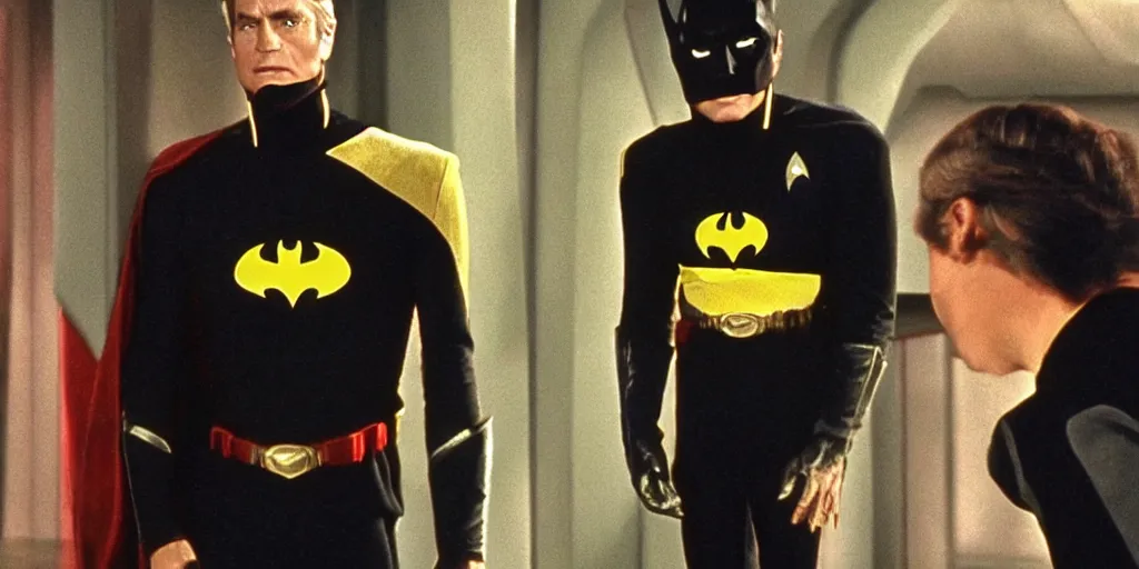 Image similar to ((Batman)) in Starfleet uniform, in the role of Captain Kirk in a scene from Star Trek the original series