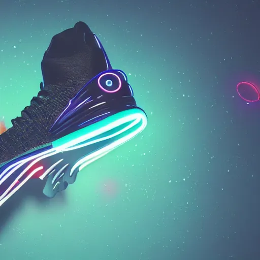 Image similar to spaceship sneakers on a dark neon background, cinematic shot, intricate, ornate, photorealistic, ultra detailed, realistic, 1 0 0 mm, photography, octane, high definition, depth of field, bokeh, 8 k, behance, artstation