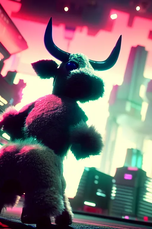 Prompt: high quality 3 d render very cute neuromancer fluffy! cyborg cow playing! drums!!, highly detailed, unreal engine cinematic smooth, in the style of blade runner & detective pikachu, hannah yata charlie immer, moody light, low angle, uhd 8 k, sharp focus