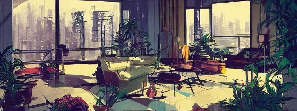 Image similar to concept art, retro - futurist penthouse, reflections, night lighting, designer furniture, high ceiling, 6 0 s colour palette, plants, flowers, floor lamps, multi - level, soft lighting, city view, bladerunner, james jean, syd mead, akihiko yoshida, cinematic