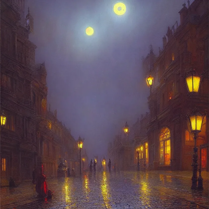 Prompt: beautiful painting of old London street scene spooky dark fog in the moonlight fantasy mystical Victor Nizovtsev