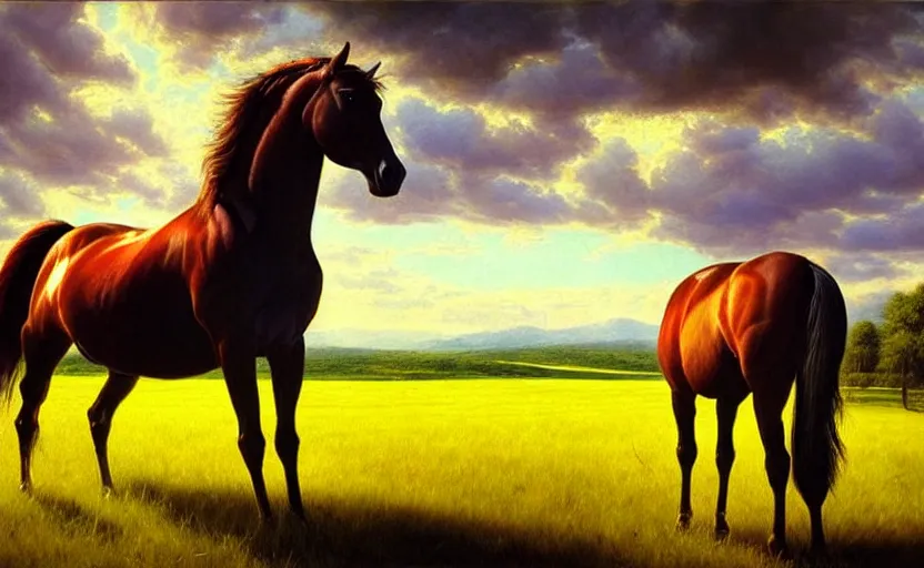 Image similar to a masterpiece oil painting of a horse backlit in a pasture. ultra wide angle, fantasy art, alex ross, heroic lighting, very very very beautiful raytraced rendering