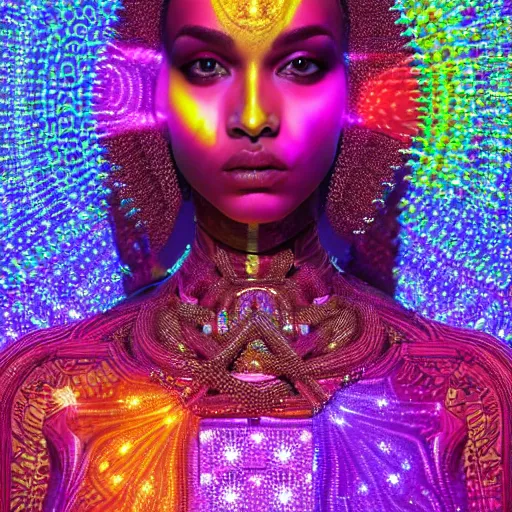 Prompt: hyperdetailed masterpiece portrait of a glossy golden metallic statue of a woman head covered in colorful glowing hexagons and chakras, symmetrical, in the style of virgil abloh, offwhite, heron prestorn, denoise, vogue, paris, fashion, halluzinogene, highly detailed, realistic, hyperreal, 8 k, 4 k, render