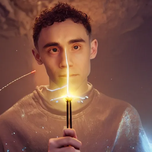Prompt: Olly Alexander wearing an archers tunic, holding a small glowing red magical wand with electrical bolts emitting from it. In a cave made of ice. Trending on Artstation, octane render, ultra detailed, art by Ross tran