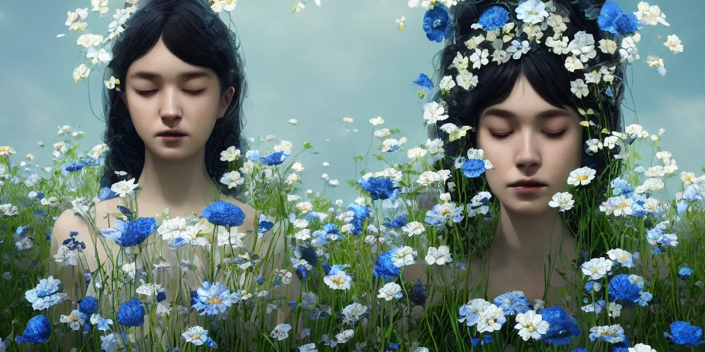 Prompt: goddess of nemophila flowers portrait, amalgamation of leaves and flowers, orthodox saint, beautiful raking sunlight, nemophila flowers, no hands. intricate artwork by Hsiao-Ron Cheng. octane render, trending on artstation, greg rutkowski. cinematic, hyper realism, high detail, octane render, 8k