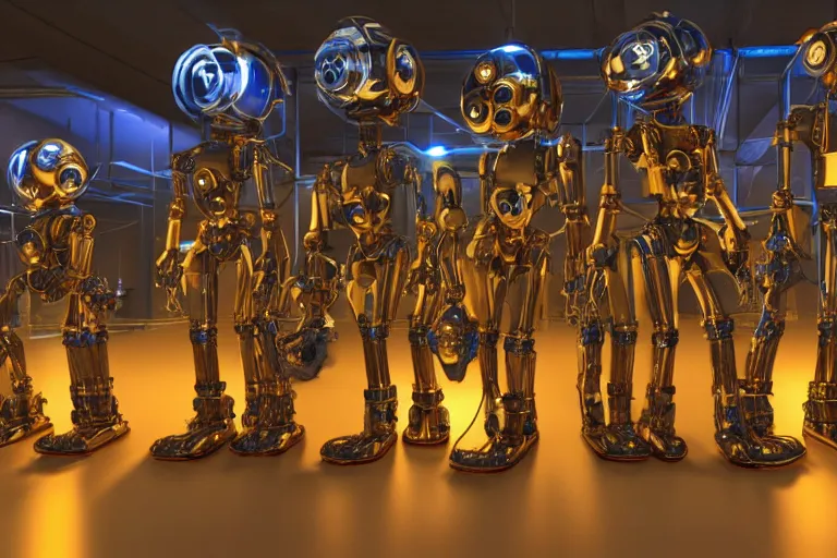 Image similar to a queue of 7 golden and blue metal humanoid steampunk robots wearing and gears and tubes, eyes are glowing red lightbulbs, shiny crisp finish, 3 d render, 8 k, insaneley detailed, fluorescent colors, background is an entrance door to a futuristic nightclub, nightlight