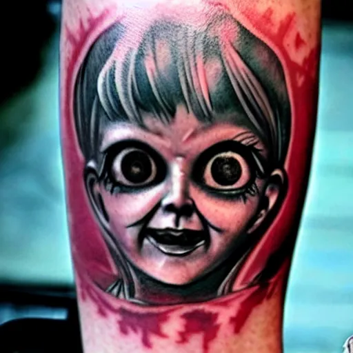 Image similar to tattoo of the annabelle doll, dark, scary, horror, high detail