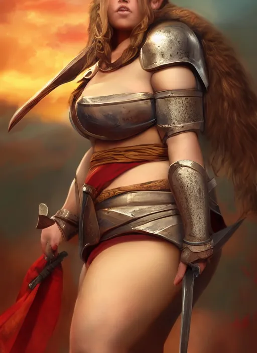 Prompt: hyper realistic photo of medieval chubby beautiful warrior girl, full body, rule of thirds, conceptart, saturated colors, artstation, cgsociety