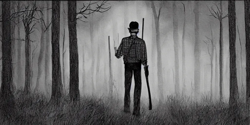 Prompt: illustration, 1 9 8 0 s, a man with a baseball hat and a rifle walking through a dark forest, apprehensive atmosphere, scary tension, post apocalyptic, 1 9 8 0 s stephen king style