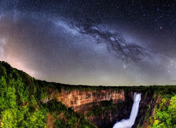 Image similar to a long capture photo of a magical waterfall, high cliff, night, stars in the sky