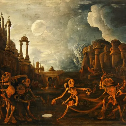 Prompt: In the center of the painting is a large gateway that seems to lead into abyss of darkness. On either side of the gateway are two figures, one a demon-like creature, the other a skeletal figure. in India by David B. Mattingly, by Frans Francken the Younger funereal