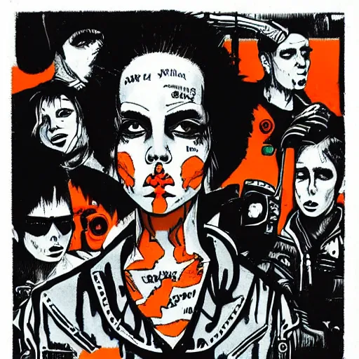 Prompt: punk album cover, black, white, orange, psychedelic, in the style of enki bilal, tank girl