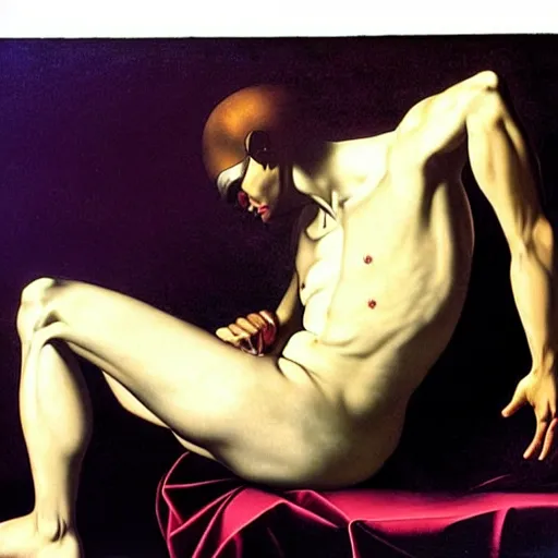 Image similar to painting by caravaggio!! male cyborg body profile cyberpunk neon metal glow red purple black