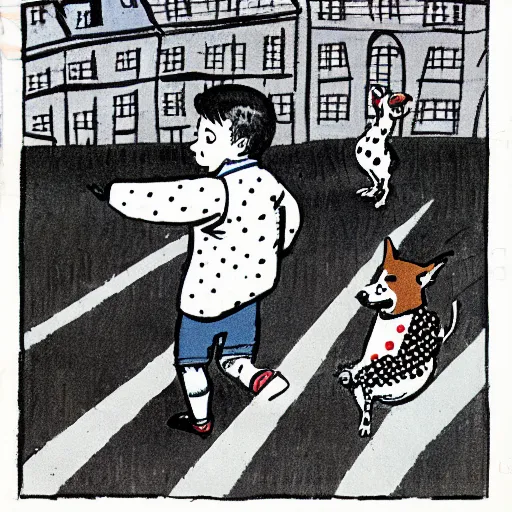 Image similar to illustration of french boy in paris playing football against a corgi, the dog is wearing a polka dot scarf, comic, 1 9 6 2