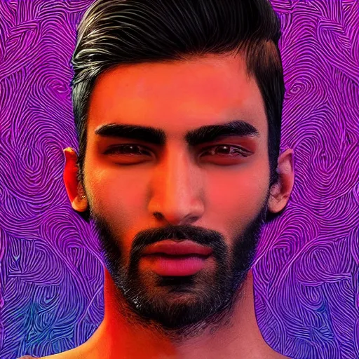 Image similar to portrait of a pakistani male model, an ultrafine detailed illustration by james jean, intricate linework, bright colors, final fantasy, behance contest winner, vanitas, angular, altermodern, unreal engine 5 highly rendered, global illumination, radiant light, detailed and intricate environment