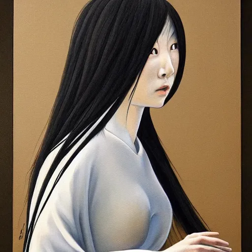 Image similar to a realistic painting by Raffaello Sanzi depicting the Sadako with the head of the symbiotic Pocong in the Renaissance era,smooth,Sharp focus, trending on Artstation.