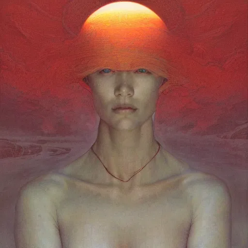 Image similar to Woman masterpiece, red, golden halo behind her head, by Edgar Maxence and Ross Tran, Zdzisław Beksiński, and Michael Whelan, distant, gustav dore, H.R. Giger, 8k, octane render