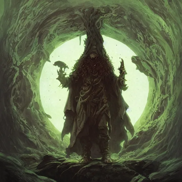 Prompt: a druid standing in a circle at the beginning of the world by alan lee and peter mohrbacher and mike mignola