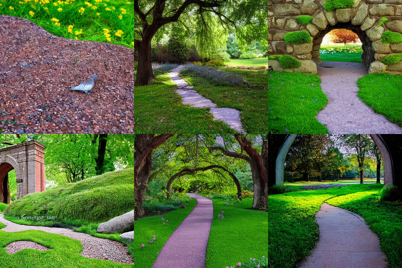 Prompt: color photograph of a stone arch in a park with morning dove in grass. Pea gravel path. Tiny flowers and moss