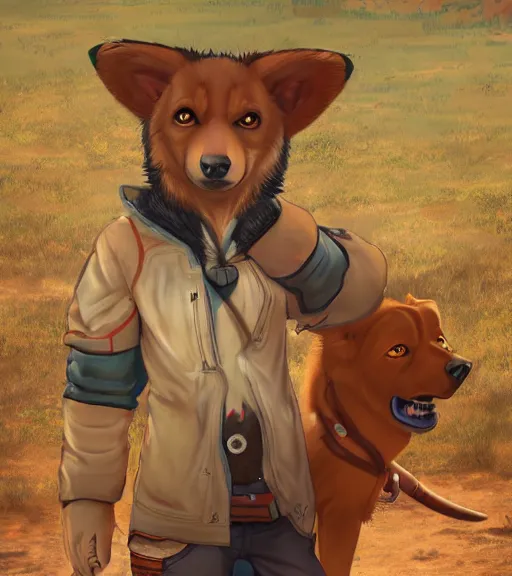 Image similar to stylized close up character portrait icon of the anthro anthropomorphic dingo dog trader head animal person fursona wearing clothes standing in the australian outback, hidari, color page, tankoban, 4 k, tone mapping, akihiko yoshida