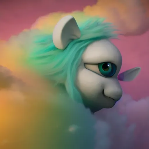 Image similar to cutest huge fantasy cloud animal, with sprouting rainbow hair, hd, japanese anime artist drawn, dlsr, dream animal cute eyes, trending on artstation, cotton candy, octane render, cinematic