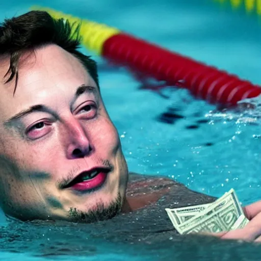 Prompt: Photography of elon musk swimming in a pool with money all around him